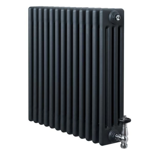 Traditional anthracite grey 4 column radiator with a sleek, textured finish and polished valve, measuring 600 x 605mm
