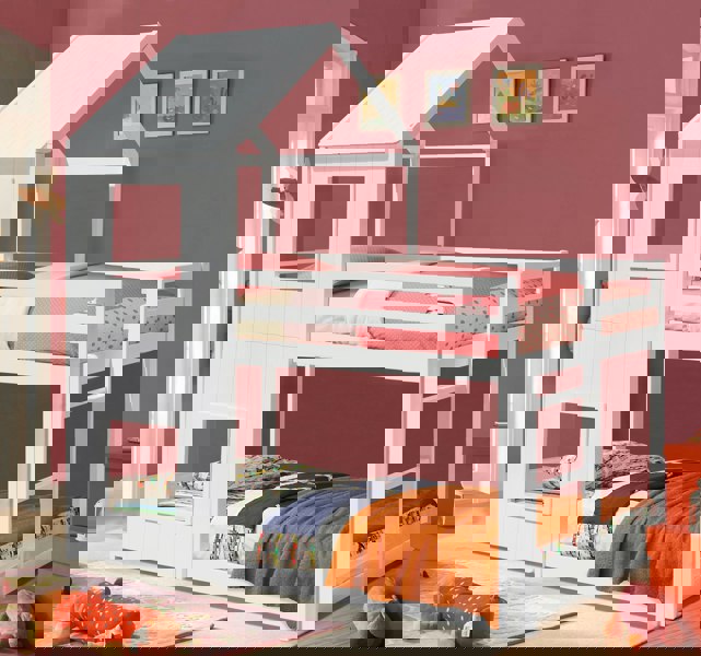 Comfy Living 3ft House Bunk Bed in Grey White Caramel