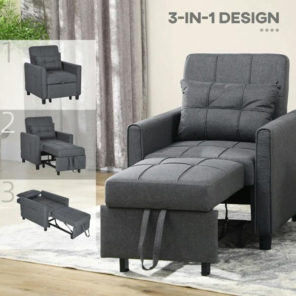 Grey 3-in-1 sofa chair bed with tufted back cushions and extended seat