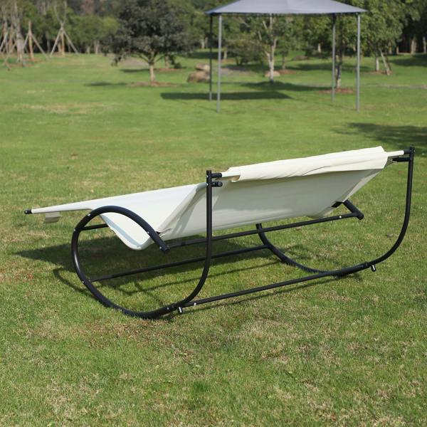Cream double rocking lounger with headrest pillow and black steel sled base