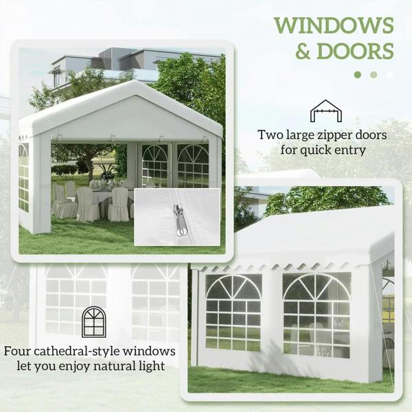 White party tent with four cathedral-style windows and two zippered doors