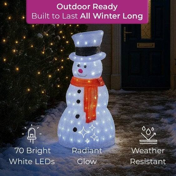 Neo 70cm Acrylic Light Up Snowman Outdoor Festive Christmas Garden Porch Decoration Display Warm White Bright LEDs Illuminated Weatherproof