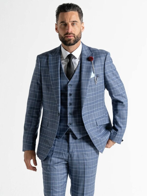 V2 Classic Kensignton Three Piece Suit - Light Blue with White and Blue Checks