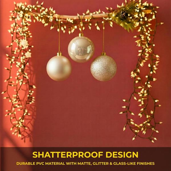 Shatchi 2cm Champagne Christmas Baubles Set of 3 with Glossy, Matte and Glitter Finishes