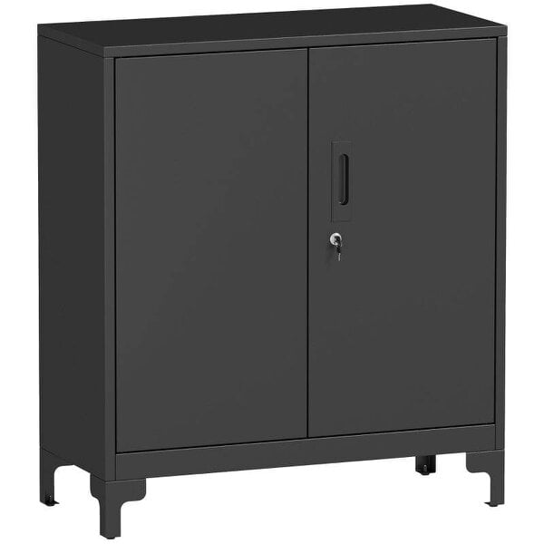 Lockable Metal Filing Cabinet, 2-Tier Storage Cupboard with Double Doors, Modern Office Organiser, Black