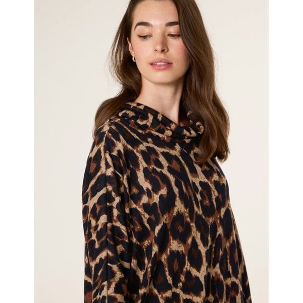 Blue Vanilla Leopard Print Draped Cowl Neck Tunic Dress