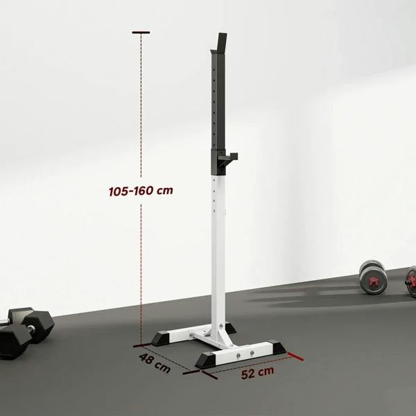 Black barbell squat stand rack with height adjustment and wide foot platform