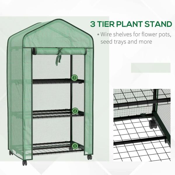 Green three-tier plant stand greenhouse with black wire shelves and roll-up door