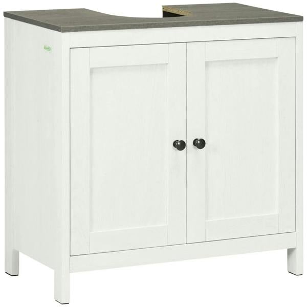 White floor-standing bathroom sink cabinet with double doors and dark countertop.