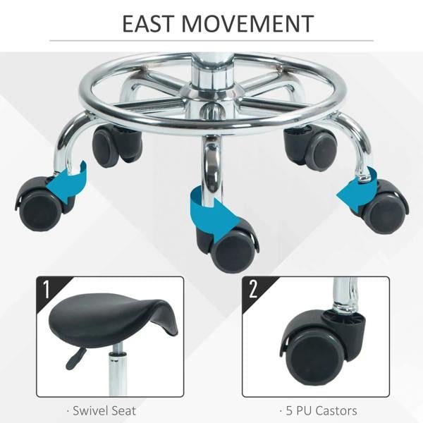 Black saddle stool with swivel seat and PU caster wheels on chrome base