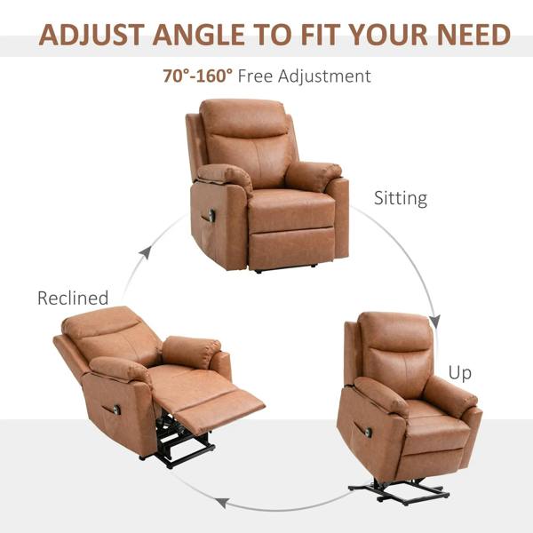 Brown faux leather electric riser recliner chair showing adjustable recline and lift positions