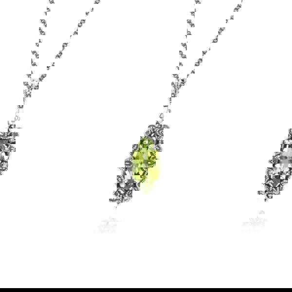 Gemondo Art Deco Style Marquise Peridot & Marcasite Pendant Necklace in Sterling Silver