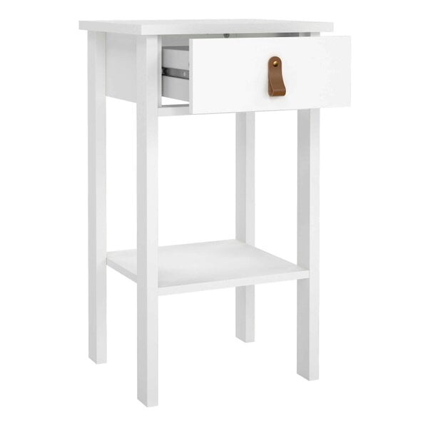 Wyld Haus Wildberry Matt White Wooden Bedside Table with 1 Drawer Bottom Shelf Leather Handles