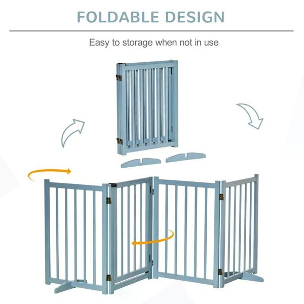 Blue foldable dog gate barrier with panels stacked for storage