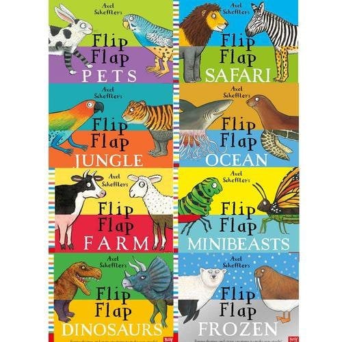 Axel Schefflers Flip Flap 8 Book Set Dinosaurs, Farm, Frozen, Pets, Ocean, Safari & more