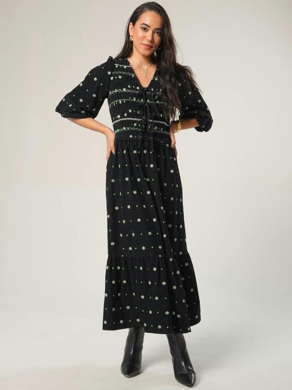 Rose & Nancy Eddie Black Cord Embroidered Polka Dot Maxi Dress