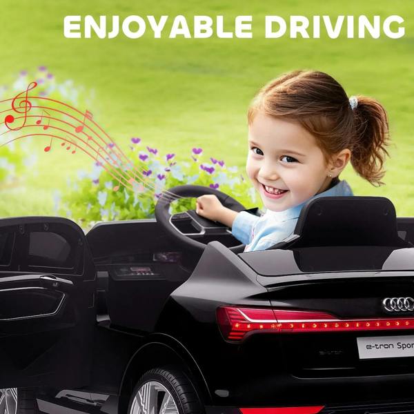 Black kids electric ride-on car with child driving, rear LED light strip