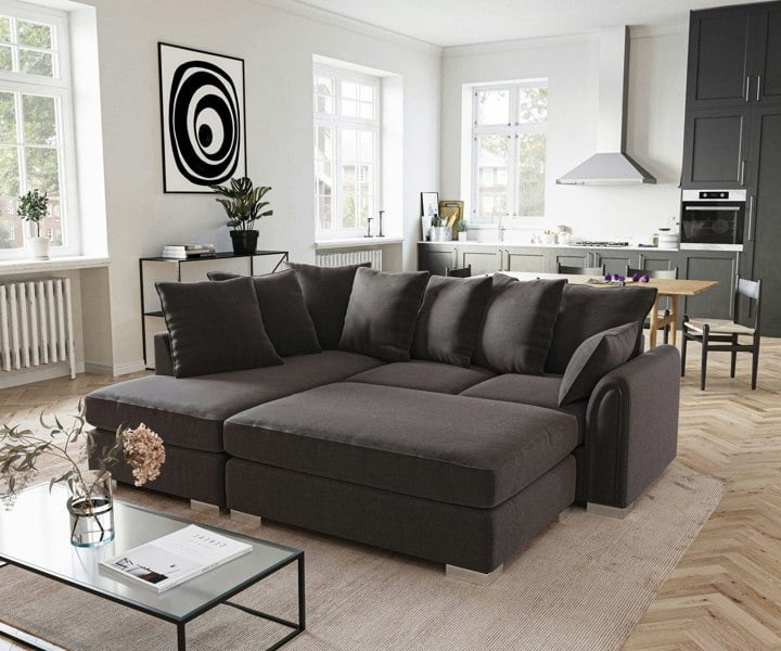 SQUAREBOXX Chiswick Chenille 4 Seater Fabric Corner Sofa in Black with Footstool