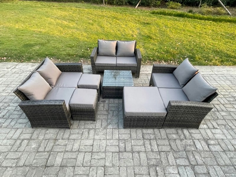 Fimous Outdoor Lounge Sofa Set Wicker PE Rattan Garden Furniture Set with Square Coffee Table Double Seat Sofa 3 Footstools Dark Grey Mixed