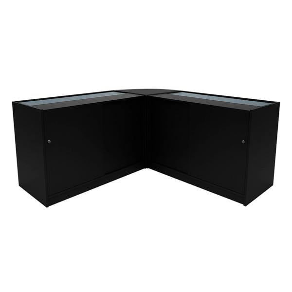 Black Andromeda LED shop counter set featuring sleek glass tops, modern design, and two spacious cabinets for storage