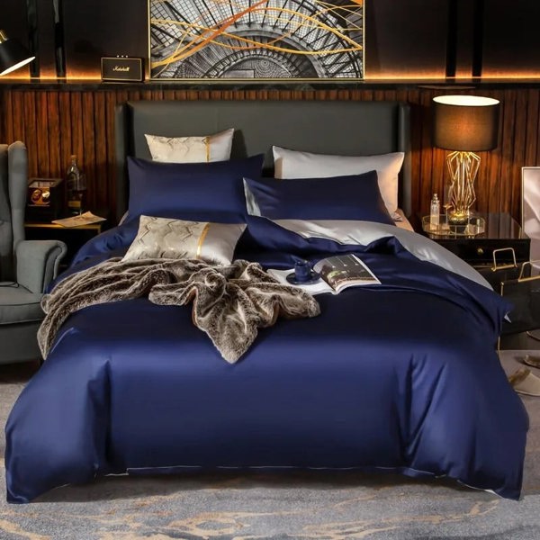 Anyhouz Anycozy Bed Sheet Navy Blue Light Grey Ultra Soft Luxury Egyptian Cotton Bedding Cover Double Size 6 Pcs Bed Set