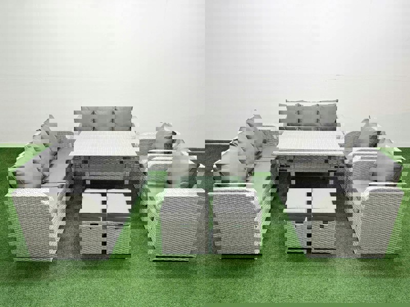 Fimous PE Rattan High Back Lounge Sofa Set Patio Rectangular Dining Table & Chairs Set with 3 Seater Sofa Reclining Chair Stools Light Grey