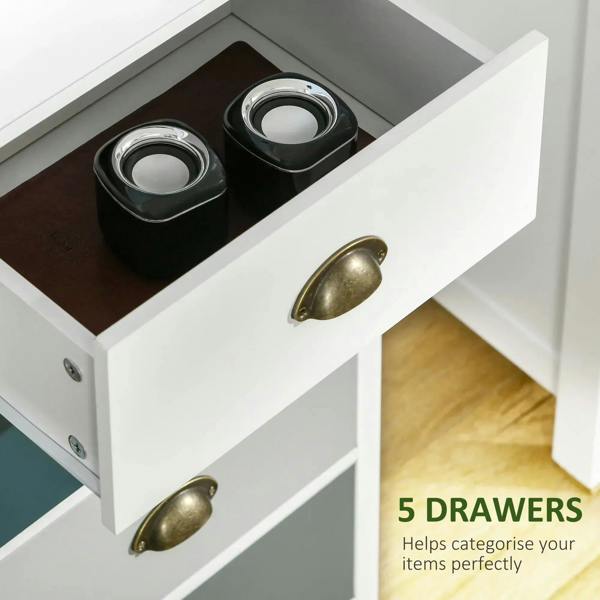 Open top drawer of slim 5-drawer cabinet with two black storage bins and gold handle