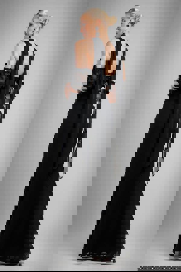 Scalloped Lace & Chiffon Winged Corset Bodice Maxi Dress - Black DR4397