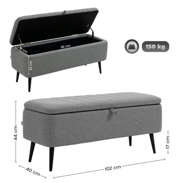 Grey flip-top storage ottoman bench with open lid and steel legs, size markings