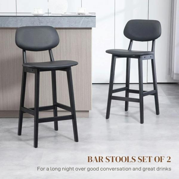 Black bar stools set of two with faux-leather seats and sturdy footrest bars