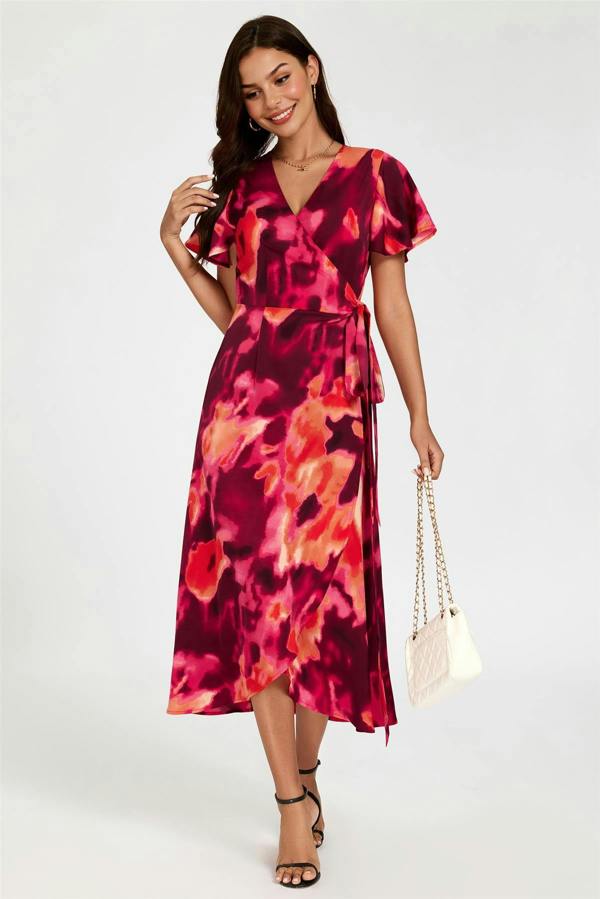 FS Collection Abstract Print Wrap Maxi Dress In Burgundy