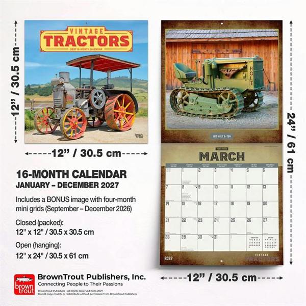 Vintage Tractors Calendar 2027, Wall Calendars, Month To View, Transport, Gift