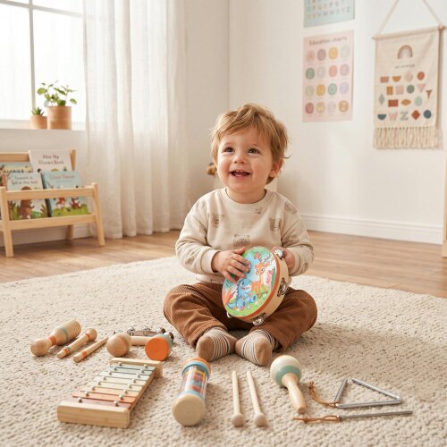 AIYAPLAY Kids Drum Kit, Wooden Baby Musical Instrument Set with Maracas