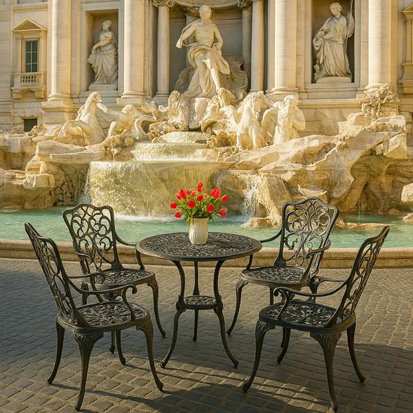 Homeology TABREEZ Opulent Garden and Patio Table and 4 Large Chairs with Armrests Cast Aluminium Bistro Set - Black