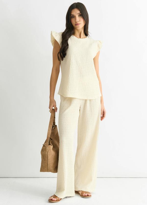 Gini London Ivory Frill Sleeves Textured Oversized Top