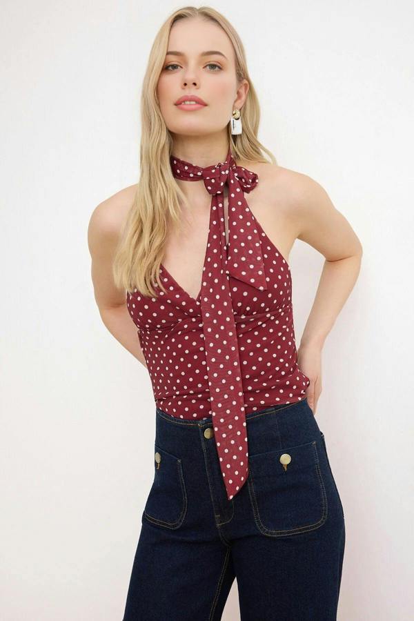 WOVCOR Polka Dot Fitted Halter Neck Tulle Knit Blouse with Scarf