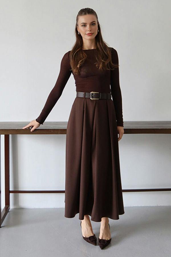 WOVCOR Belted A-line Flared Woven Maxi Long Skirt
