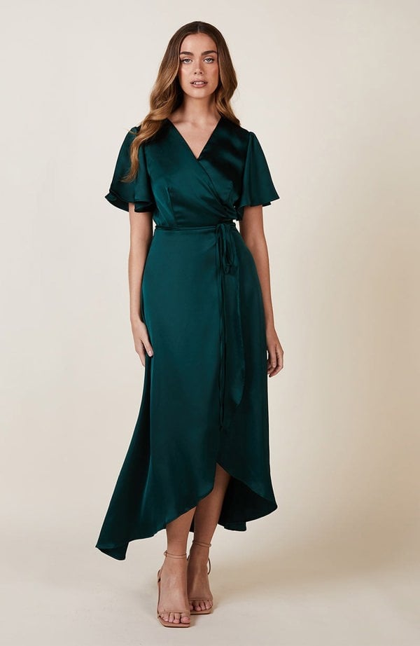 Rewritten London Florence Waterfall Dress in Forest Green Satin