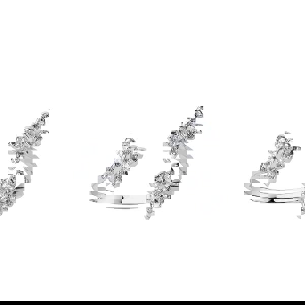 Silver butterfly ring with clear stones on a white background