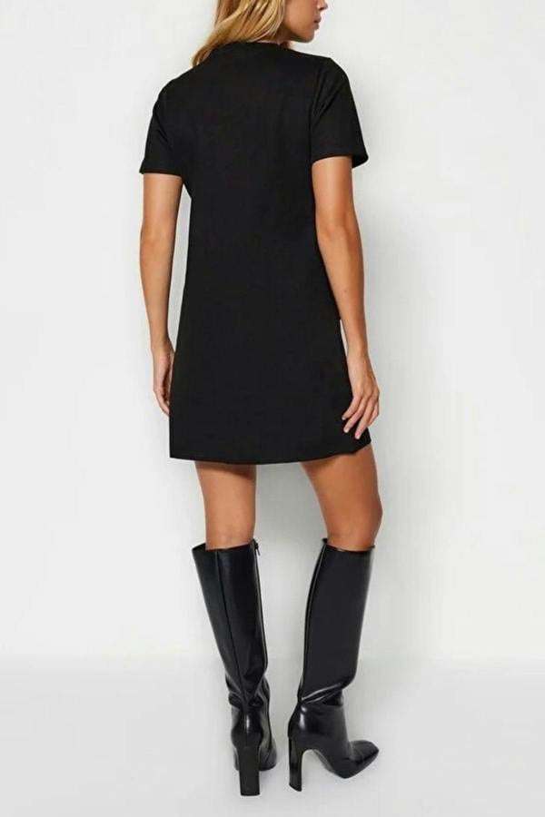 WOVCOR Crew Neck Mini Suede Knit Dress with Stone Detail