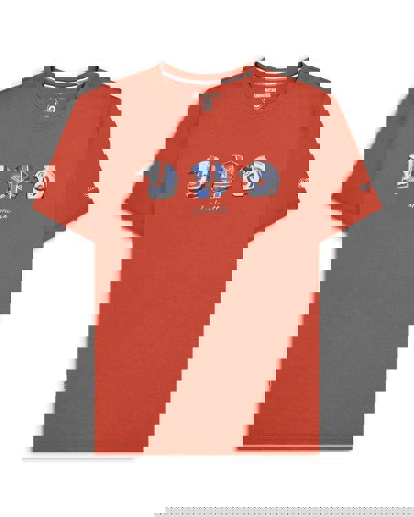 Lambretta Mens Scooter Helmet Graphic Mod Ska Casual T-Shirts, red T-shirt with three helmet graphics featuring designs of scooter helmets with British flag themes and the word 'Lambretta' printed on it.