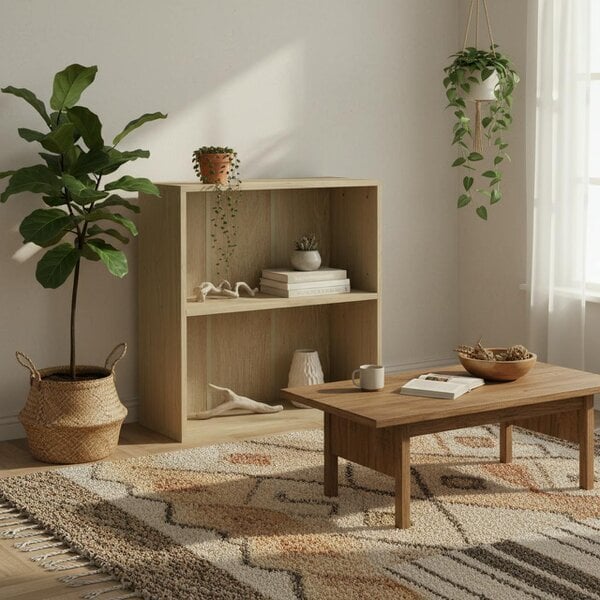 Wyld Haus Kesa Wood Natural Finish Low 2 Tier Bookcase With Adjustable Shelves
