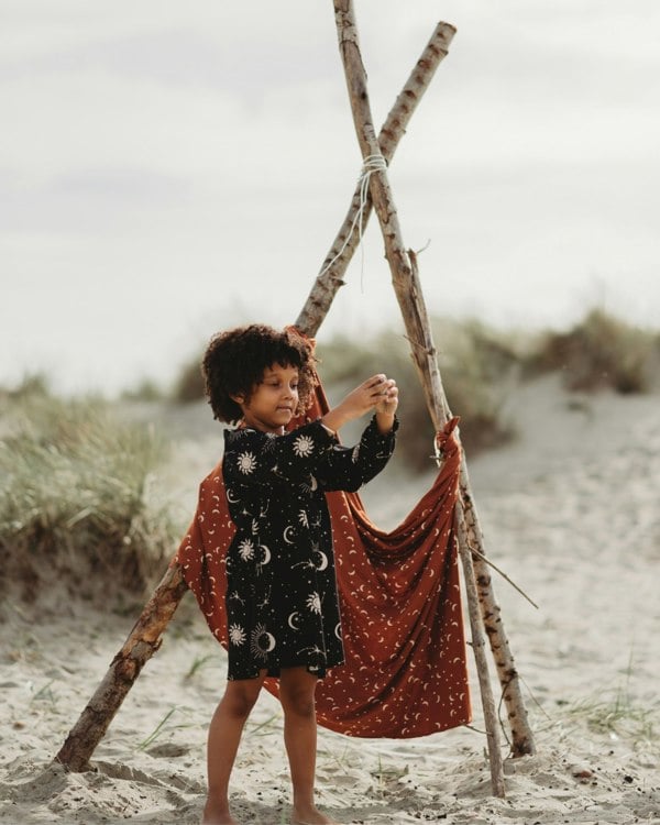 organic cotton Black Celestial Print Ruffle Neck Dress- image 1
