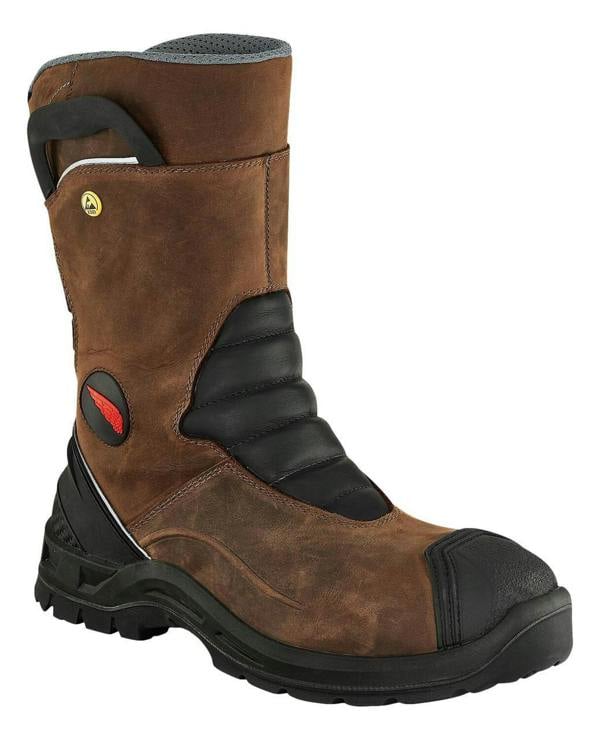 Red Wing Shoes Red Wing Petroking 3221 Mens Leather Tall High Safety Rigger Boots, brown leather safety boots with black padded panels and durable rubber sole.