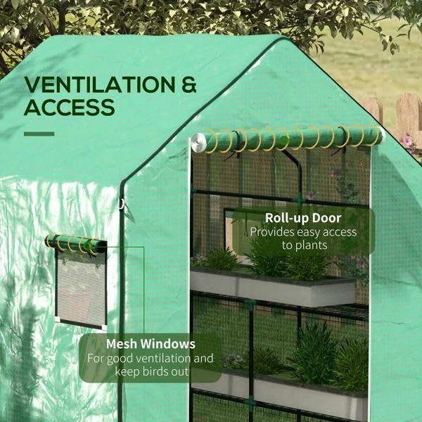 Green PE greenhouse cover with mesh windows and roll-up door opening