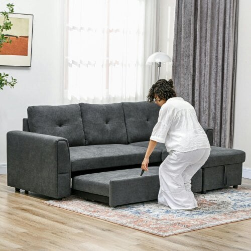 Wyld Haus Moso Dark Grey Fabric 3 Seater Pull Out Sofa Bed With Hidden Storage