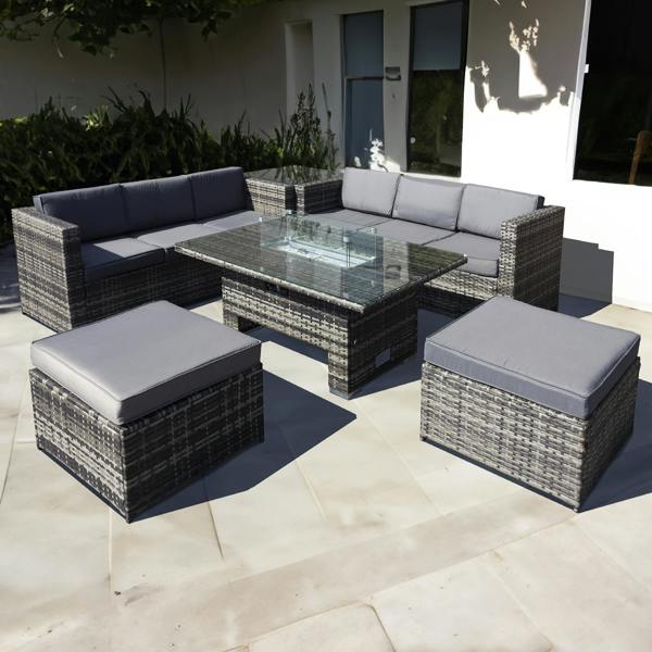 acorn deluxe rattan 10 seat firepit modular set in dove grey with white cushions