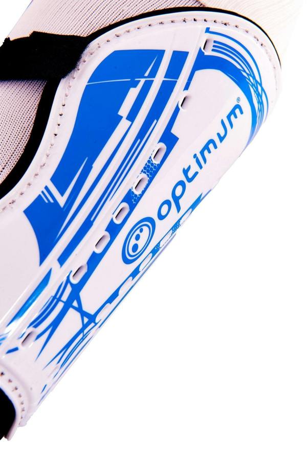 Close-up of white Optimum Velocidade shin guard with blue print, logo and vent holes, angled view on white - Optimum