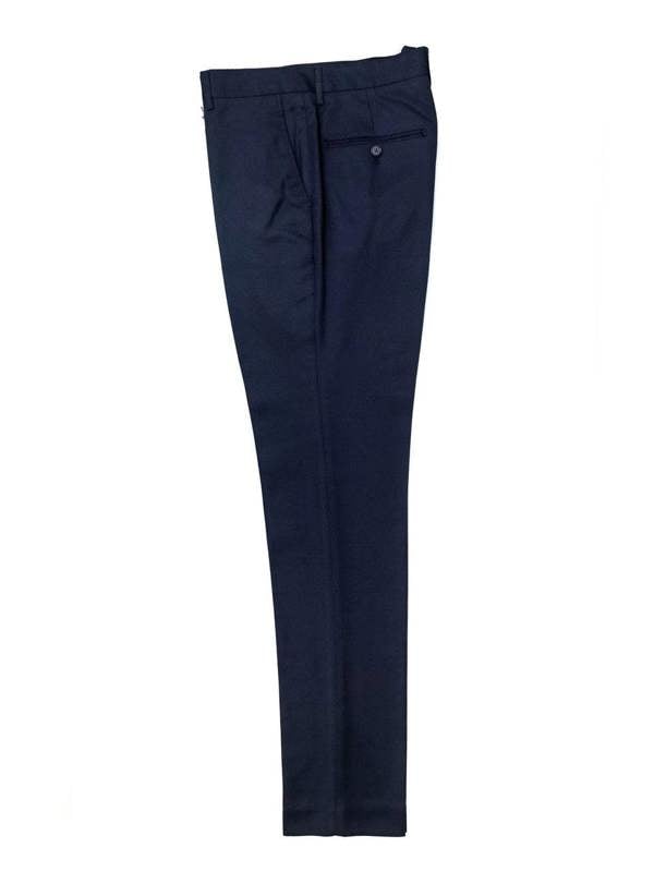 Navy two-button 3-piece suit by PAMONI, featuring a jacket, vest, and matching trousers displayed on a hanger.