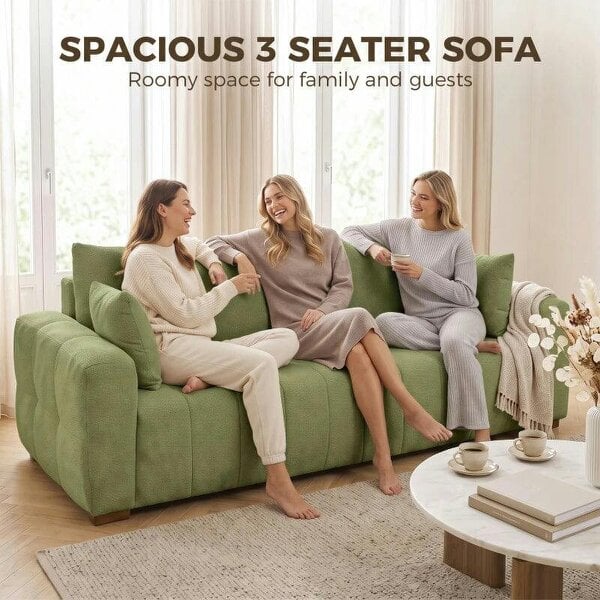 3 Seater Sofa, Upholstered Velvet Couch for Bedroom with Pillows, Padded Cushion and Wood Legs, Green